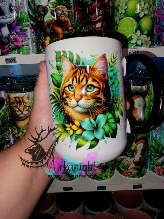 Tasse en céramique sur commande - Monstera & Chat - Tigré Brun