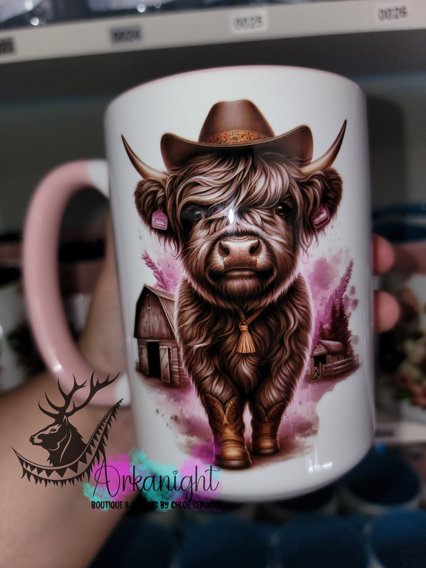 Tasse en céramique sur commande - Vache Highland - Cowgirl Mauve