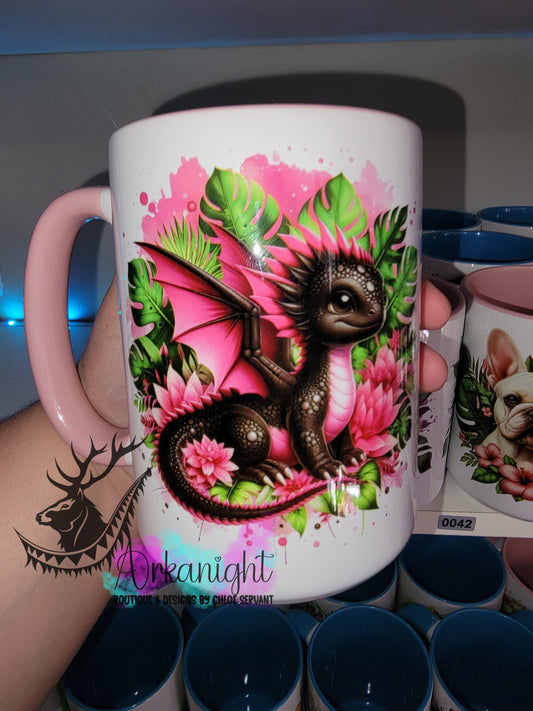 Tasse en céramique sur commande - Monstera & Bébé Dragon - Noir & Rose Flash