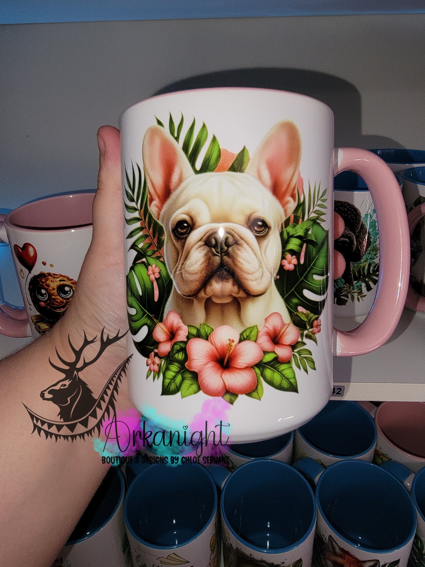 Tasse en céramique sur commande - Monstera & Chien - Frenchie Crème