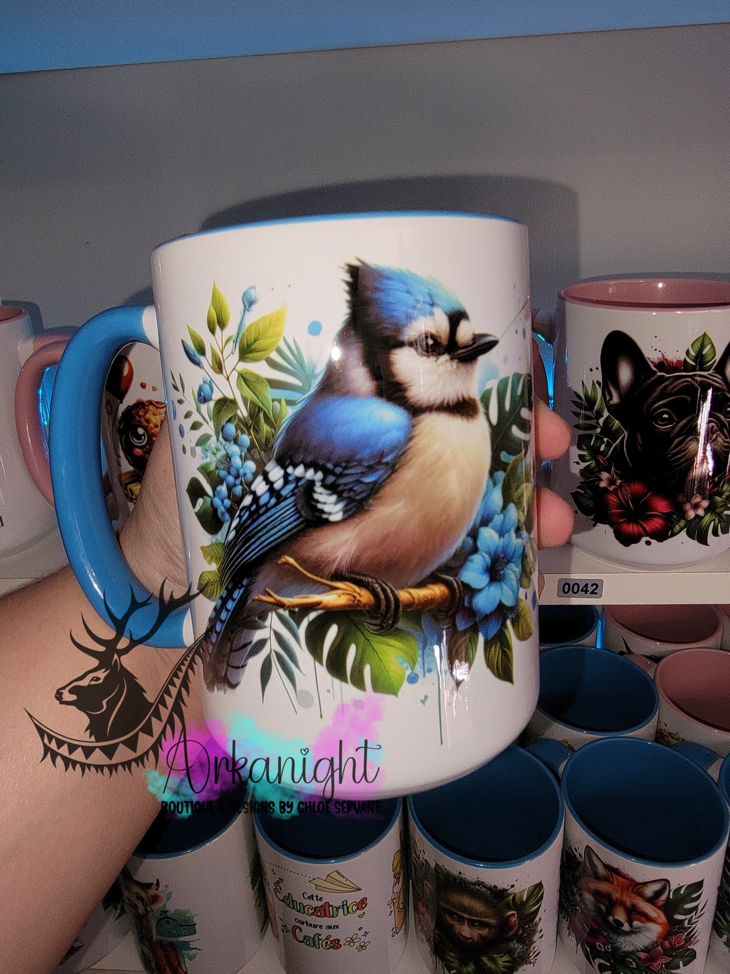 Tasse en céramique sur commande - Monstera & Animals - Geai Bleu