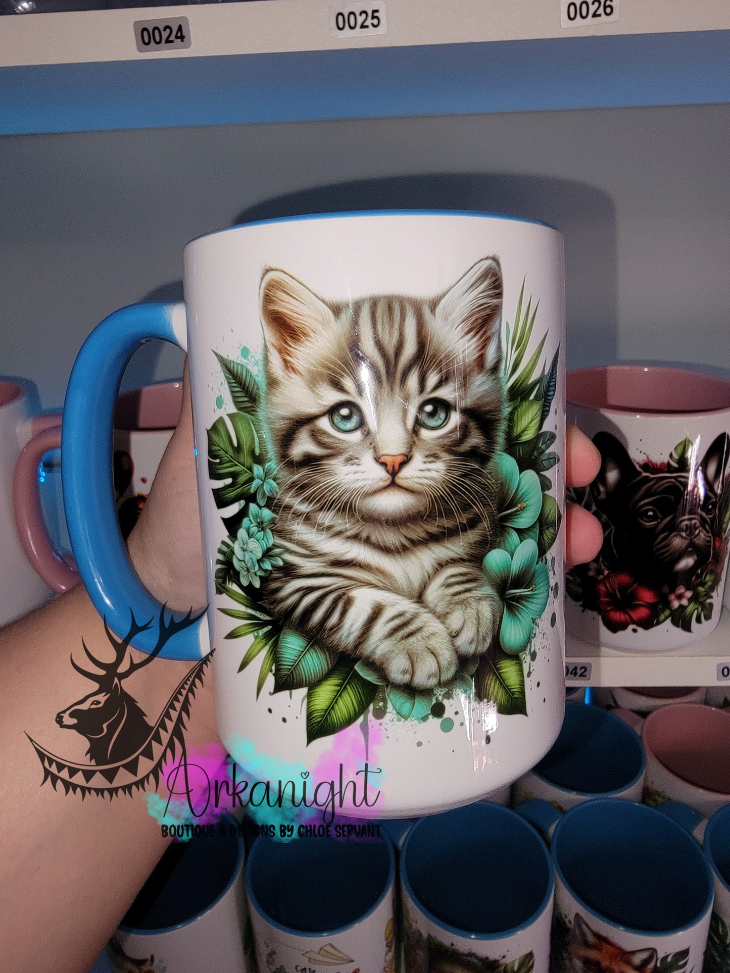 Tasse en céramique sur commande - Monstera & Chaton - Tigré Gris