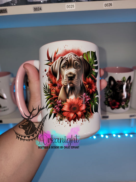 Tasse en céramique sur commande - Monstera & Chiot - Grand Danois gris/Bleu