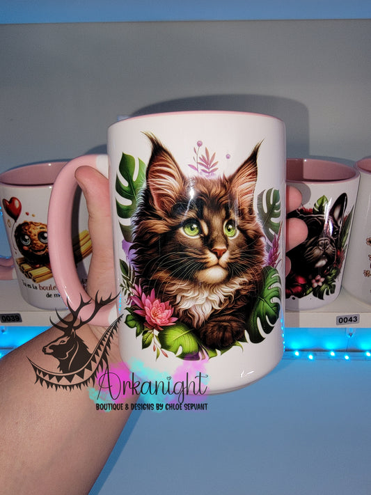 Tasse en céramique sur commande -Monstera & Chaton - Maine Coon Tigré