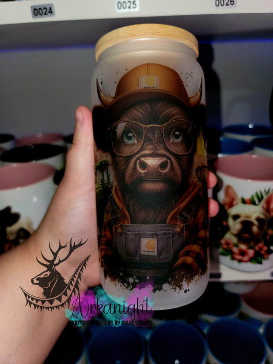 Verre en vitre givré 16oz & Couvercle en Bambou - Vache Mâle Fermier