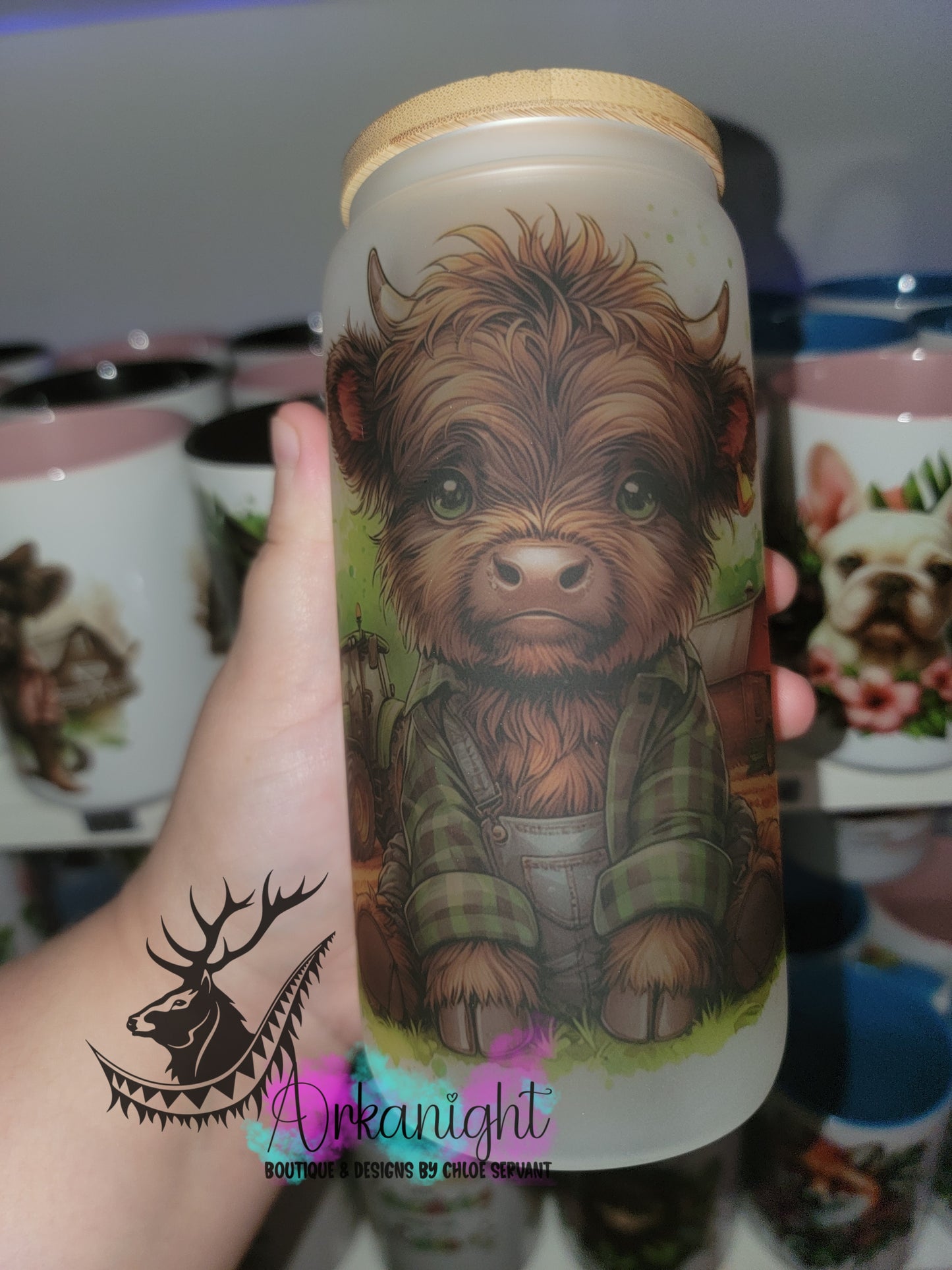 Verre en vitre givré 16oz & Couvercle en Bambou - Bébé Vache Fermier