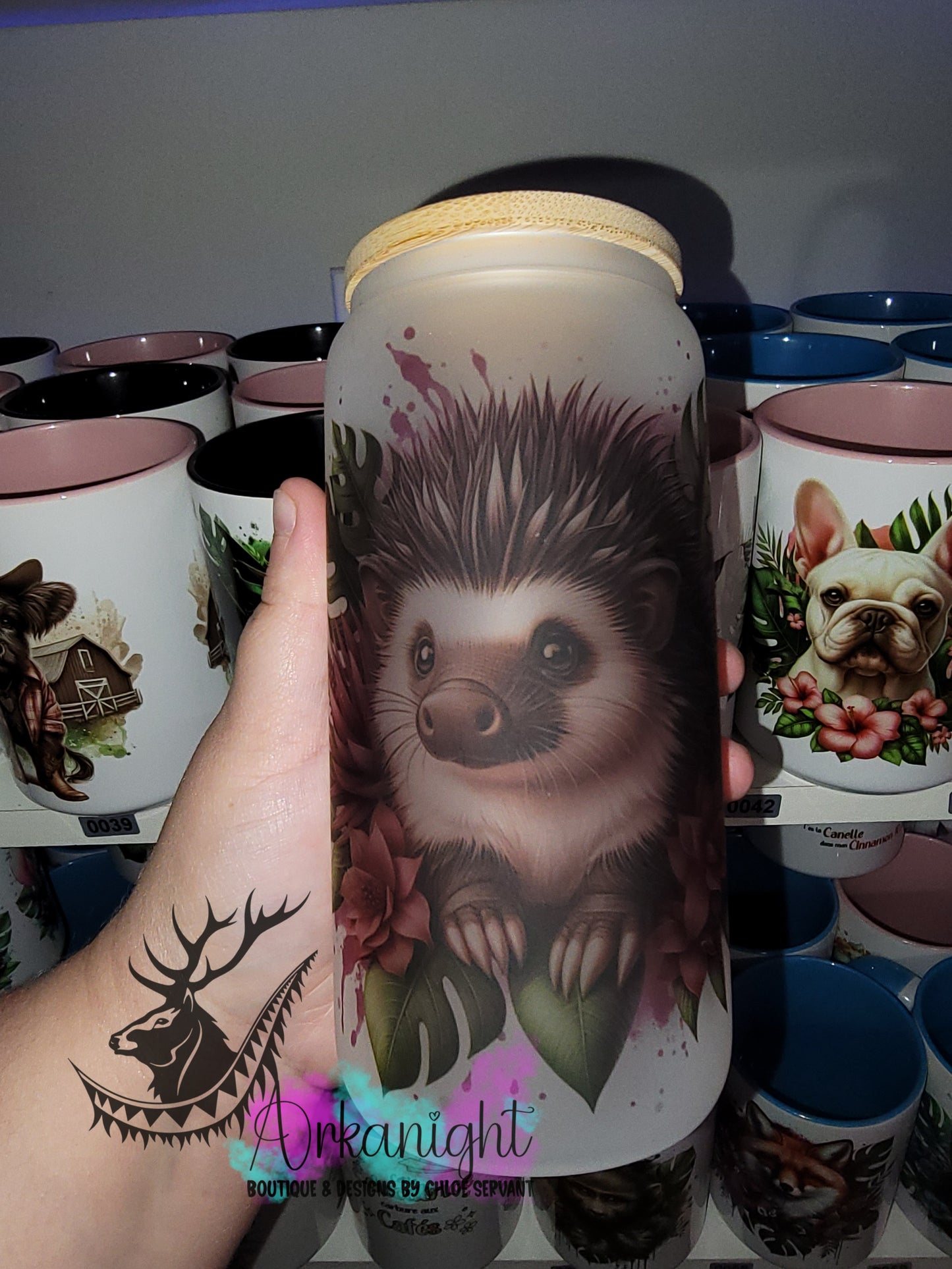 Verre en vitre givré 16oz & Couvercle en Bambou - Porc-épic