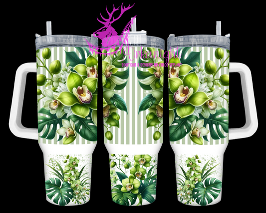 Gourde 40 oz sur commande - Collection Monstera & Fleurs - Orchidées Vertes