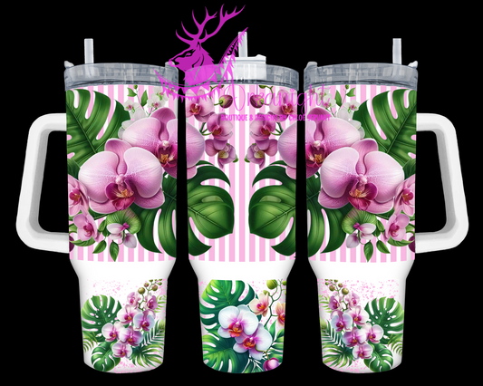 Gourde 40 oz sur commande - Collection Monstera & Fleurs - Orchidées Rose
