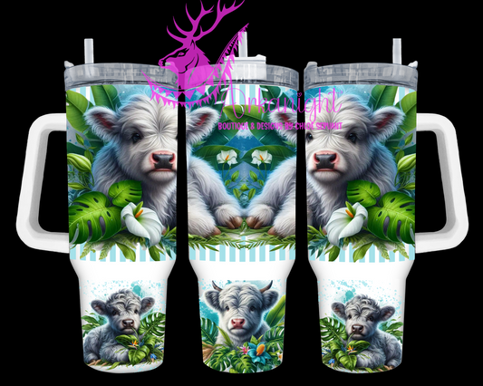 Gourde 40 oz sur commande - Collection Monstera & Animals - Grey & White Highland cow