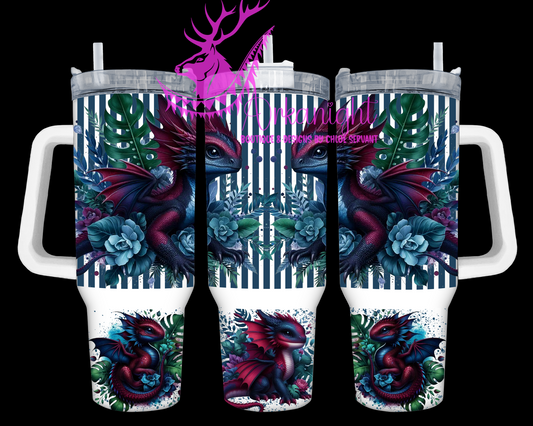 Gourde 40 oz sur commande - Collection Monstera & Bébé Dragon- Bourgogne & Bleu Marin
