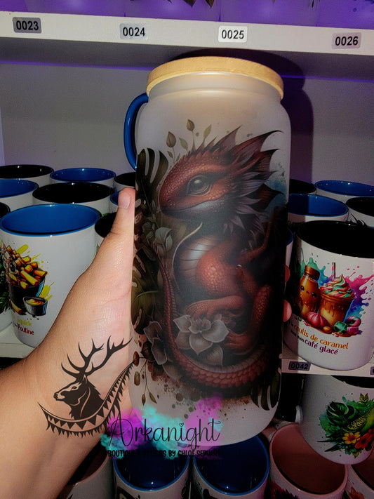 Verre en vitre givré 16oz & Couvercle en Bambou - Bébé Dragon Bourgogne & Bleu Marin