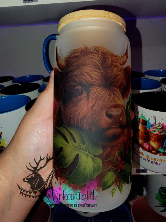 Verre en vitre givré 16oz & Couvercle en Bambou - Highland Cow Brune