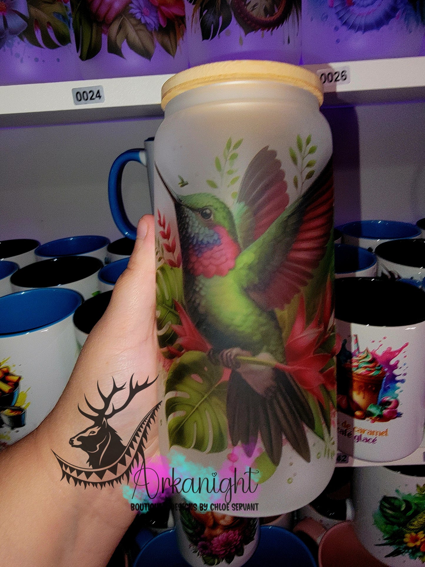 Verre en vitre givré 16oz & Couvercle en Bambou - Colibris