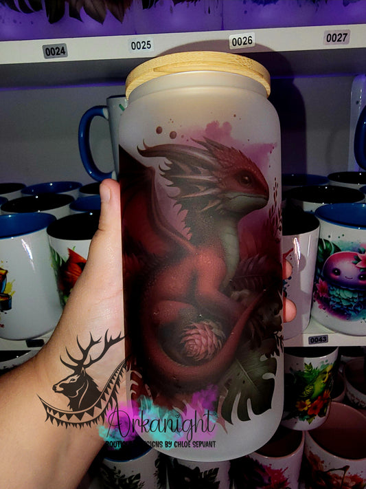 Verre en vitre givré 16oz & Couvercle en Bambou - Bébé Dragon Bourgogne & Turquoise