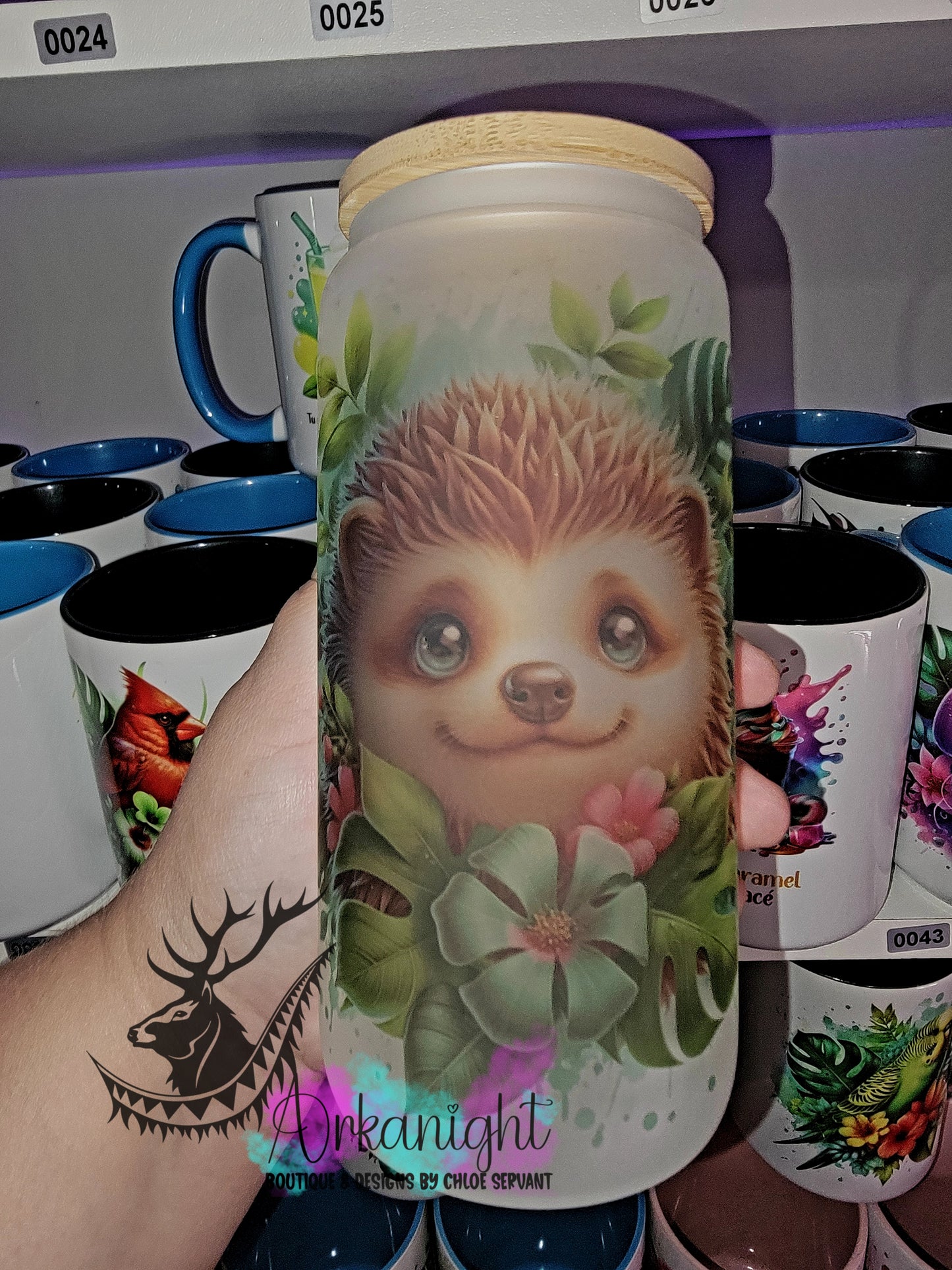 Verre en vitre givré 16oz & Couvercle en Bambou - Hérisson