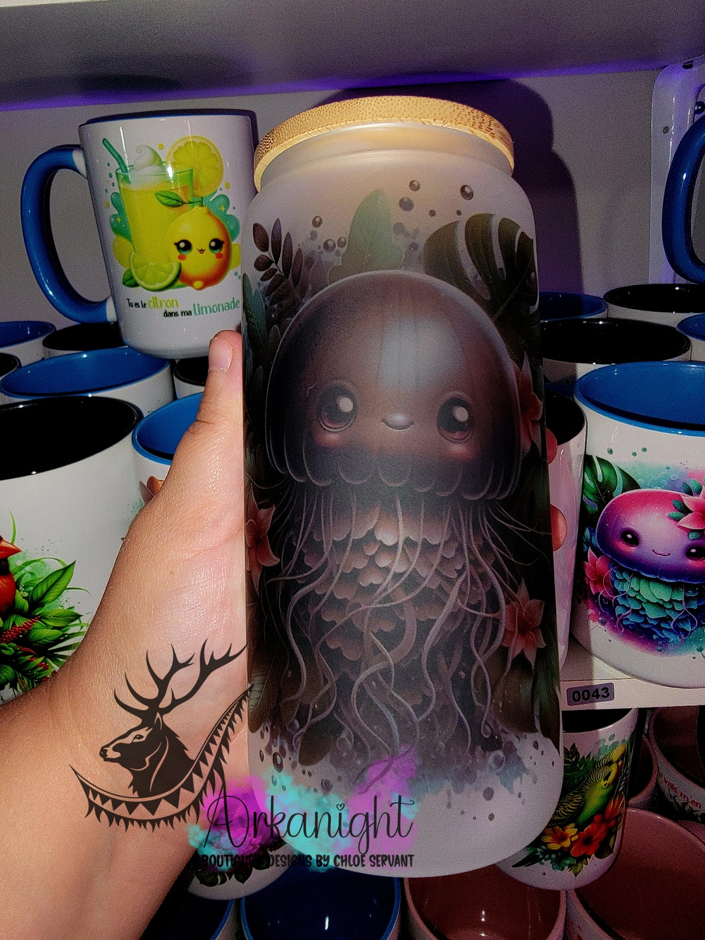 Verre en vitre givré 16oz & Couvercle en Bambou - Méduse