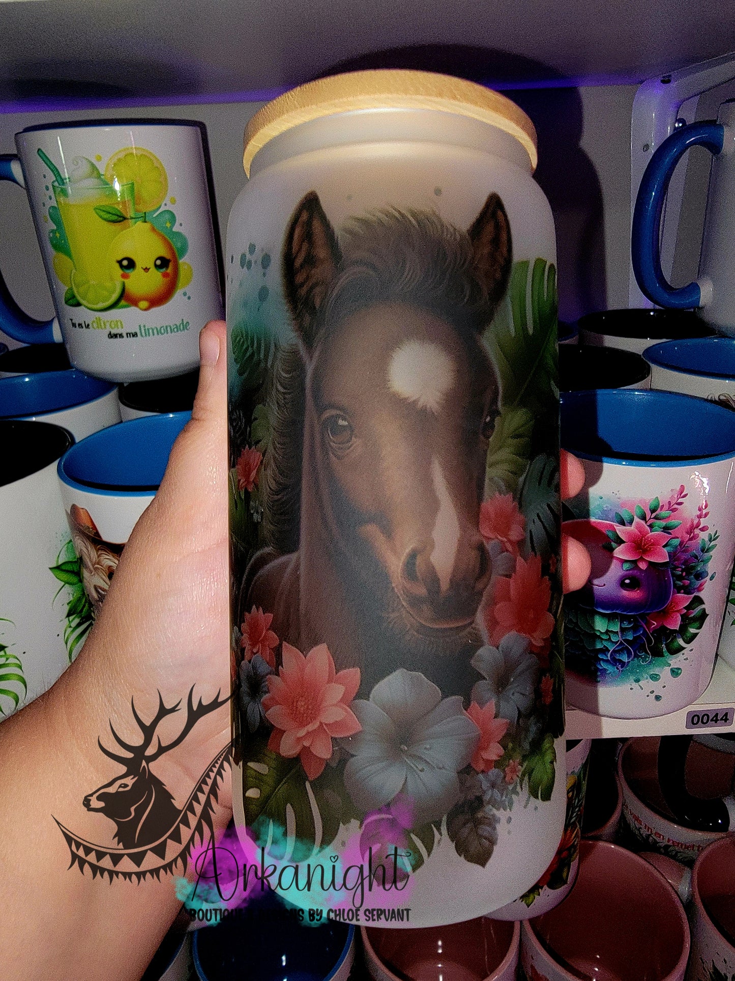 Verre en vitre givré 16oz & Couvercle en Bambou - Poulain Noir