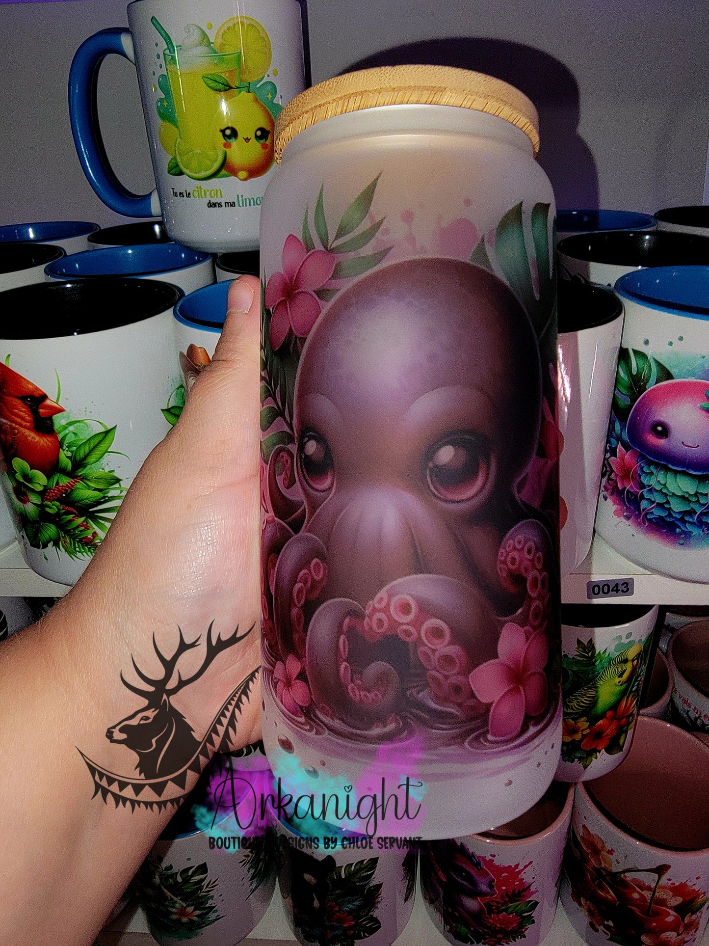 Verre en vitre givré 16oz & Couvercle en Bambou - Pieuvre