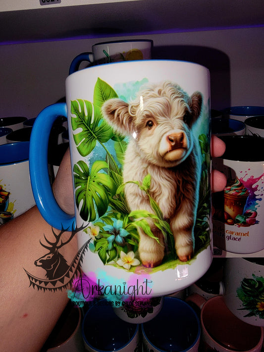 Tasse en céramique sur commande - Monstera & Animals - Highland cow Grise/blanche