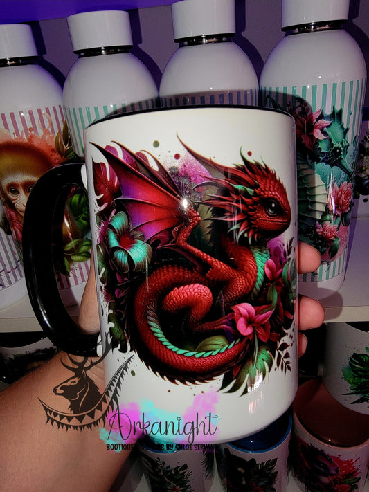 Tasse en céramique sur commande - Monstera & Bébé Dragon - Bourgogne & Turquoise