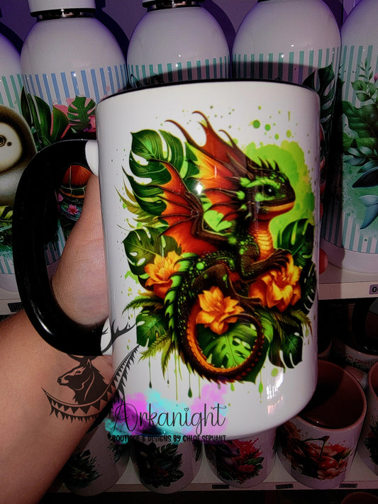 Tasse en céramique sur commande - Monstera & Bébé Dragon - Noir , Vert & Orange