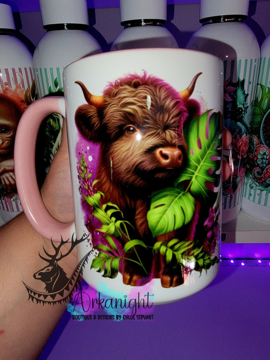 Tasse en céramique sur commande - Monstera & Animals - Highland Cow Noir