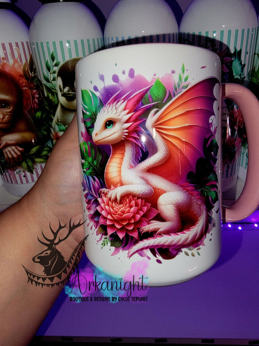 Tasse en céramique sur commande - Monstera & Bébé Dragon - Blanc , Mauve & Pêche