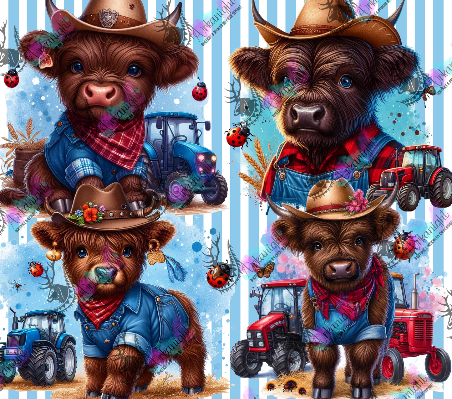 Numérique - Collection Monstera & Animals - Vache Highland Brune & Bleu