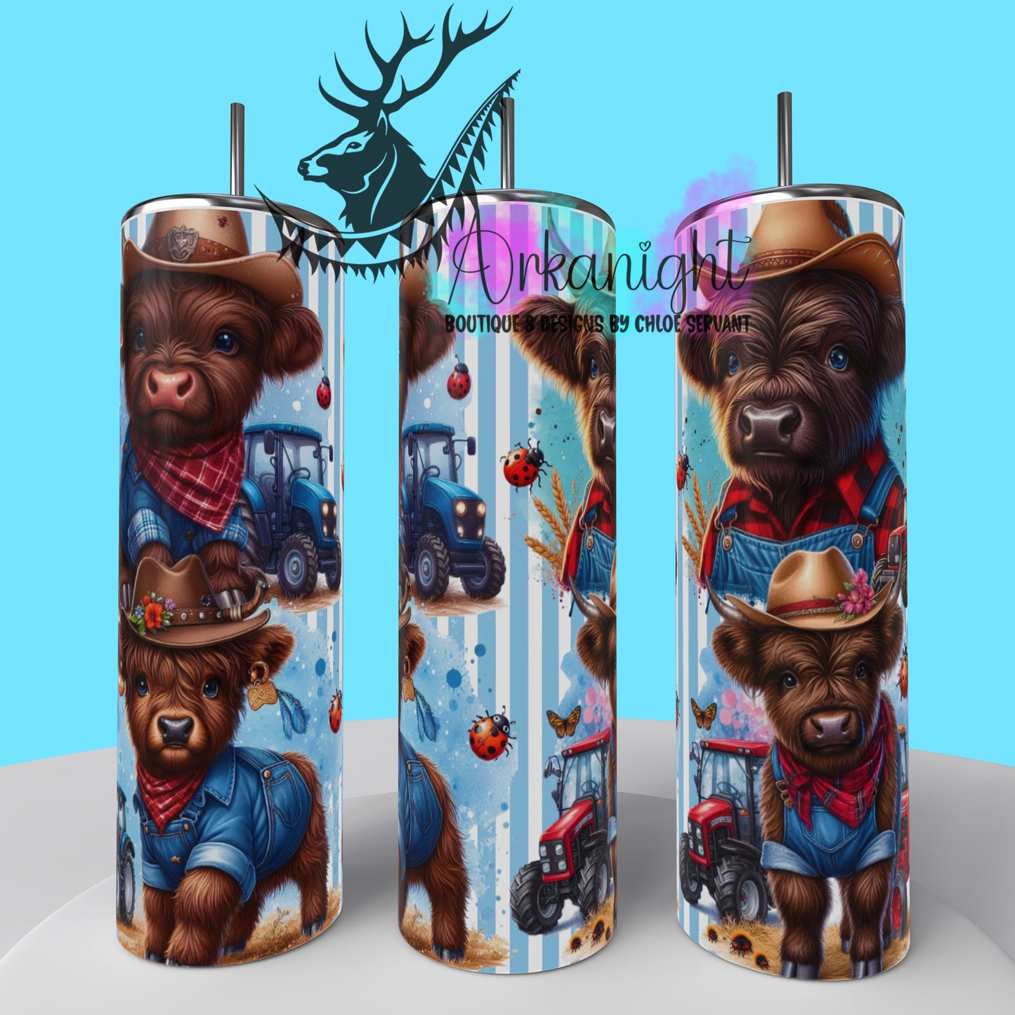 Gourde sur commande - Collection Monstera & Animals - Vache Highland Brune & Bleu