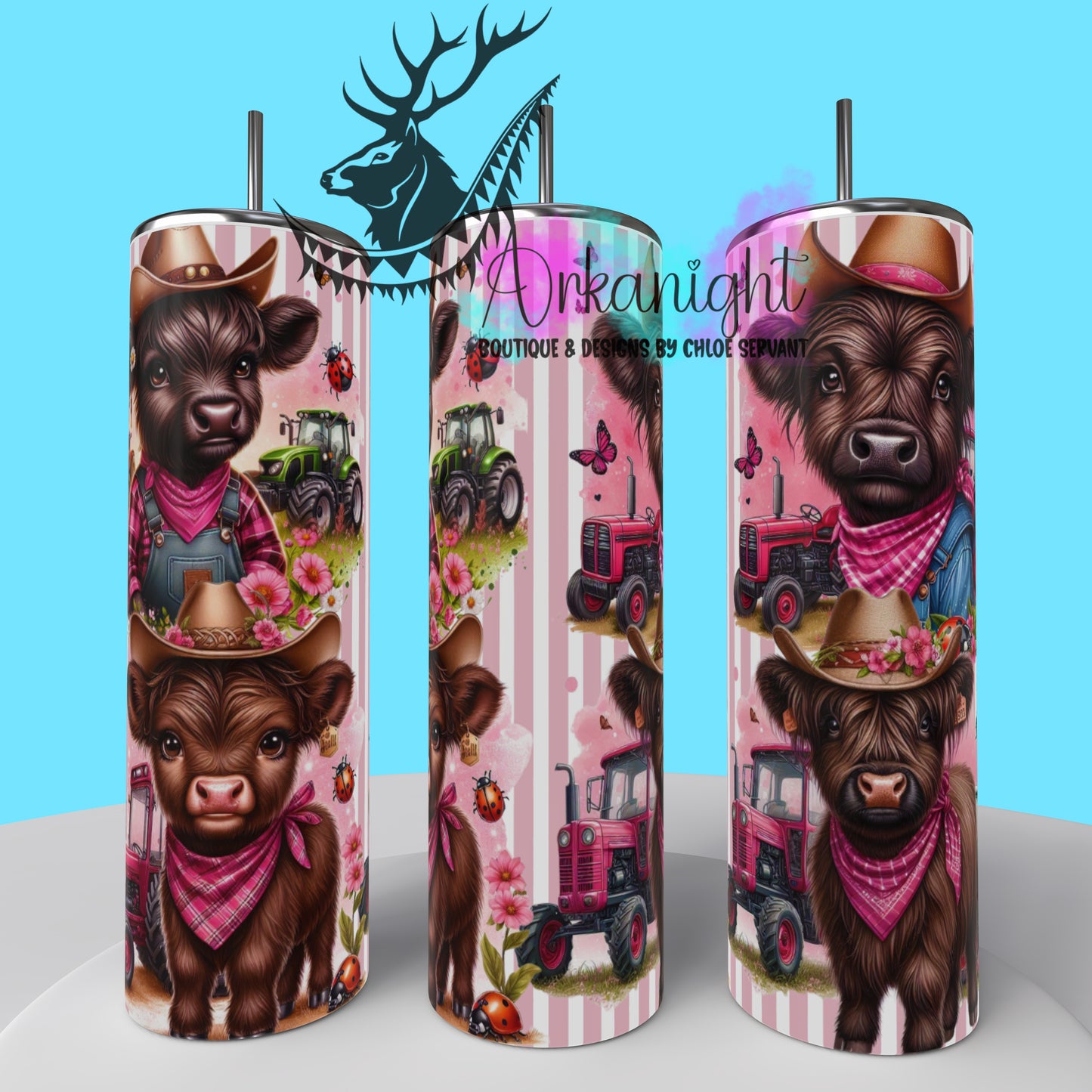 Gourde sur commande - Collection Monstera & Animals - Vache Highland Brune & Rose