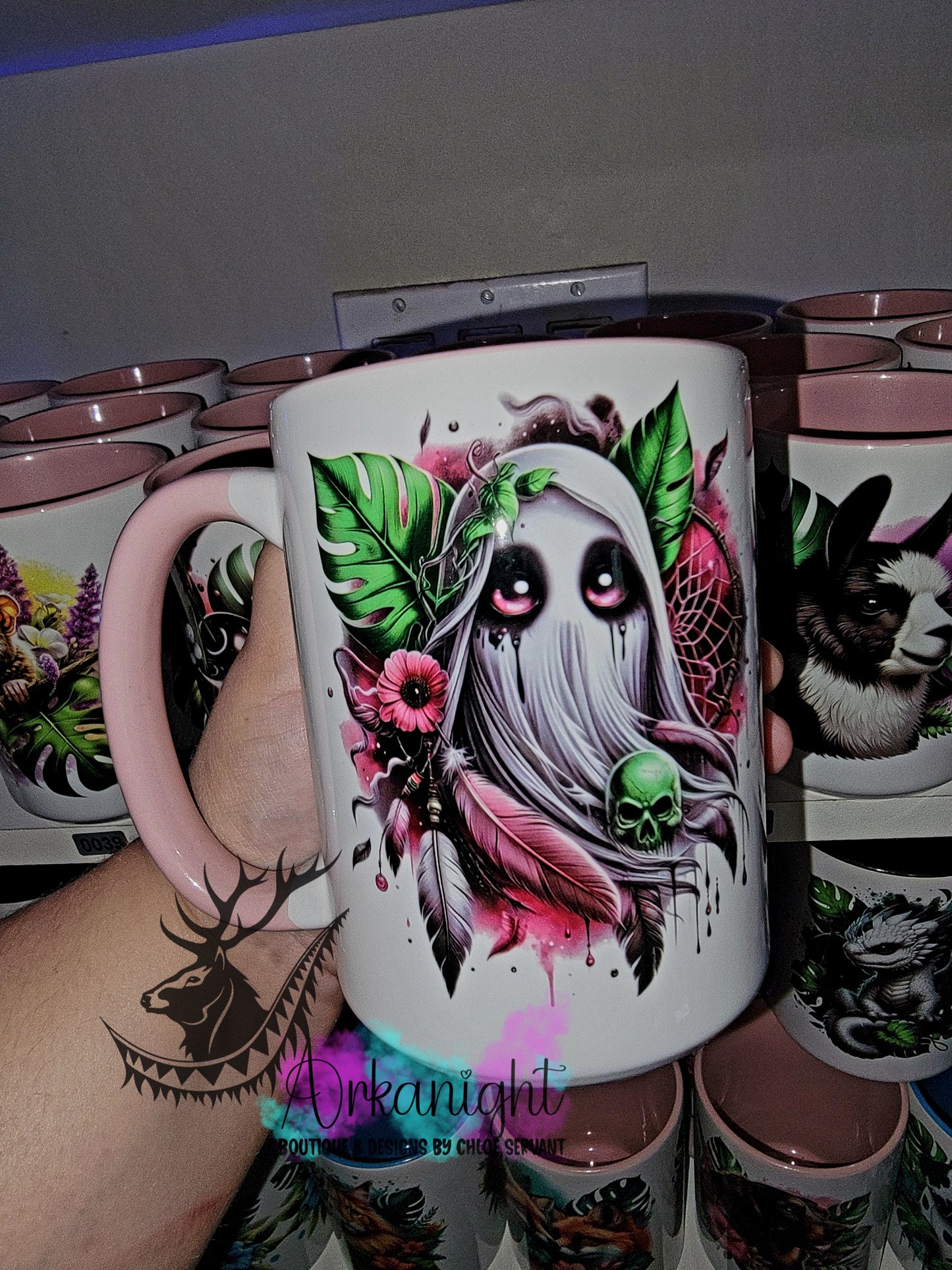 Tasse en céramique sur commande - Monstera & Fantôme Rose