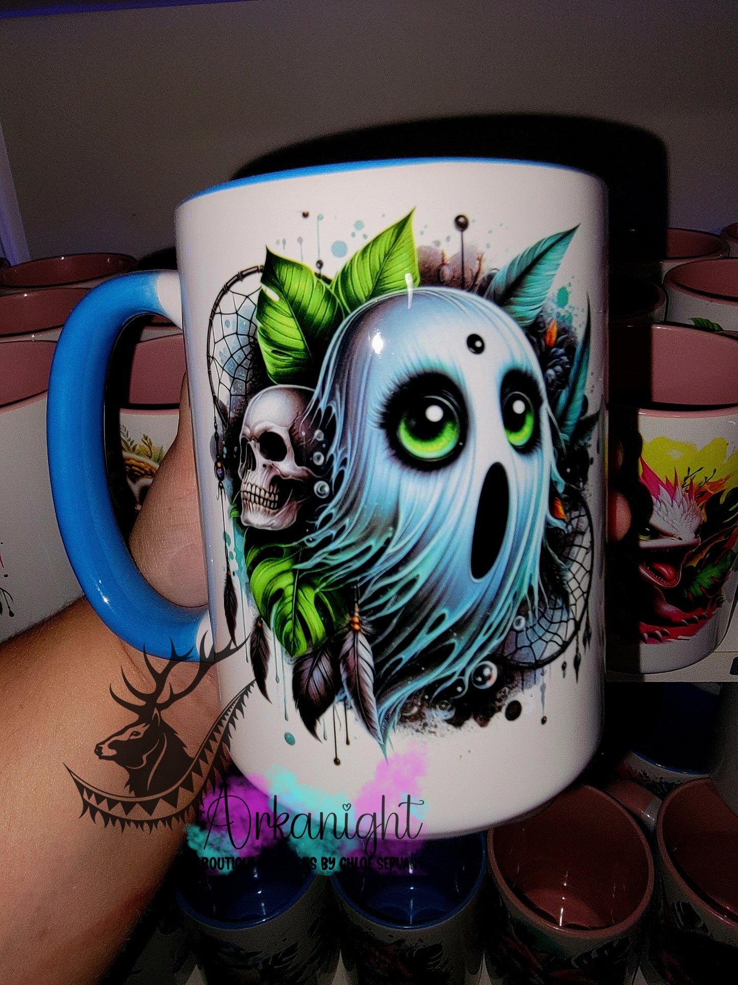 Tasse en céramique sur commande - Monstera & Fantôme bleu