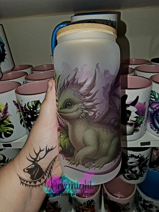 Verre en vitre givré 16oz & Couvercle en Bambou - Bébé Dragon Sauge & Lilas