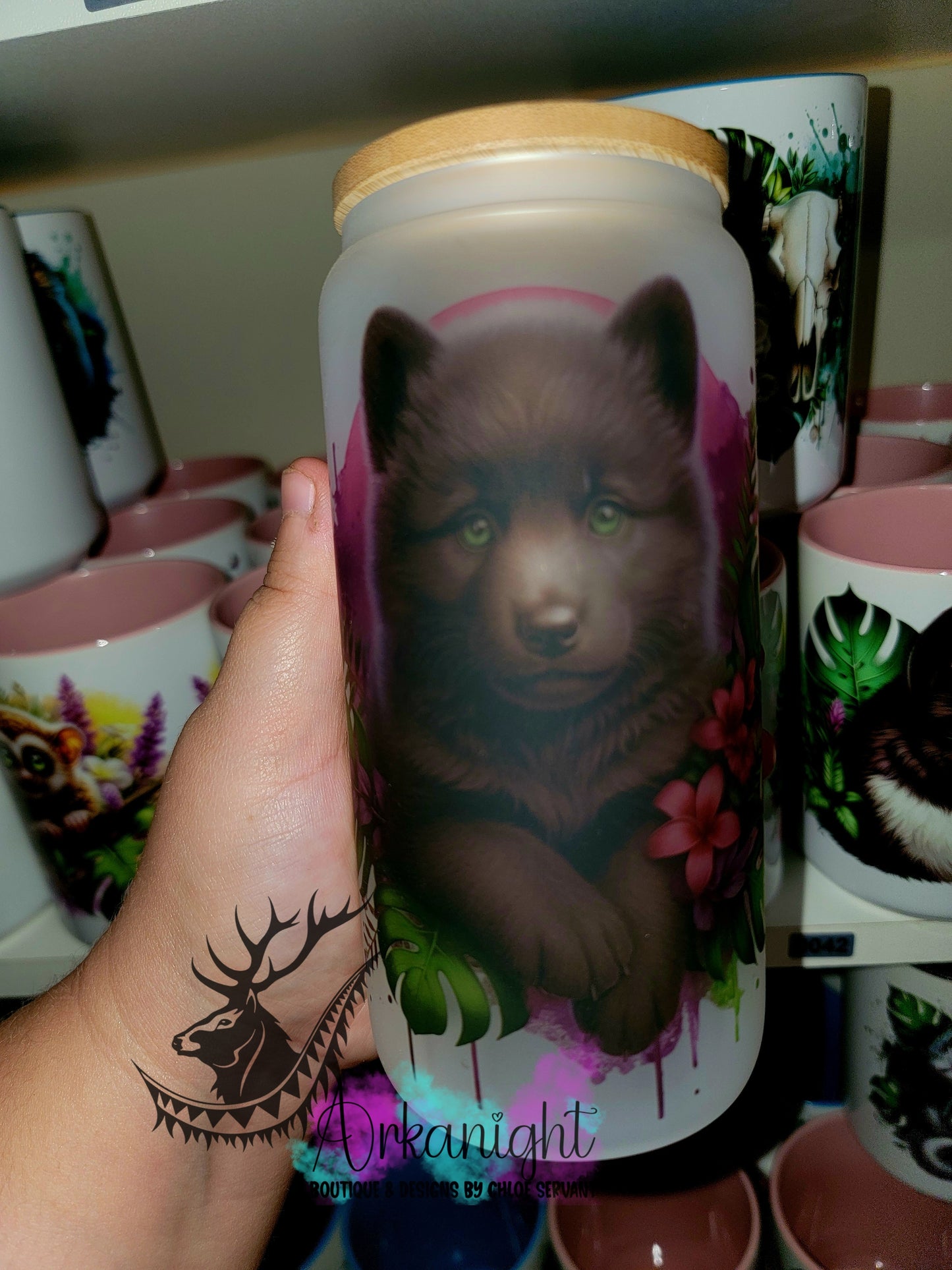 Verre en vitre givré 16oz & Couvercle en Bambou - Louveteau