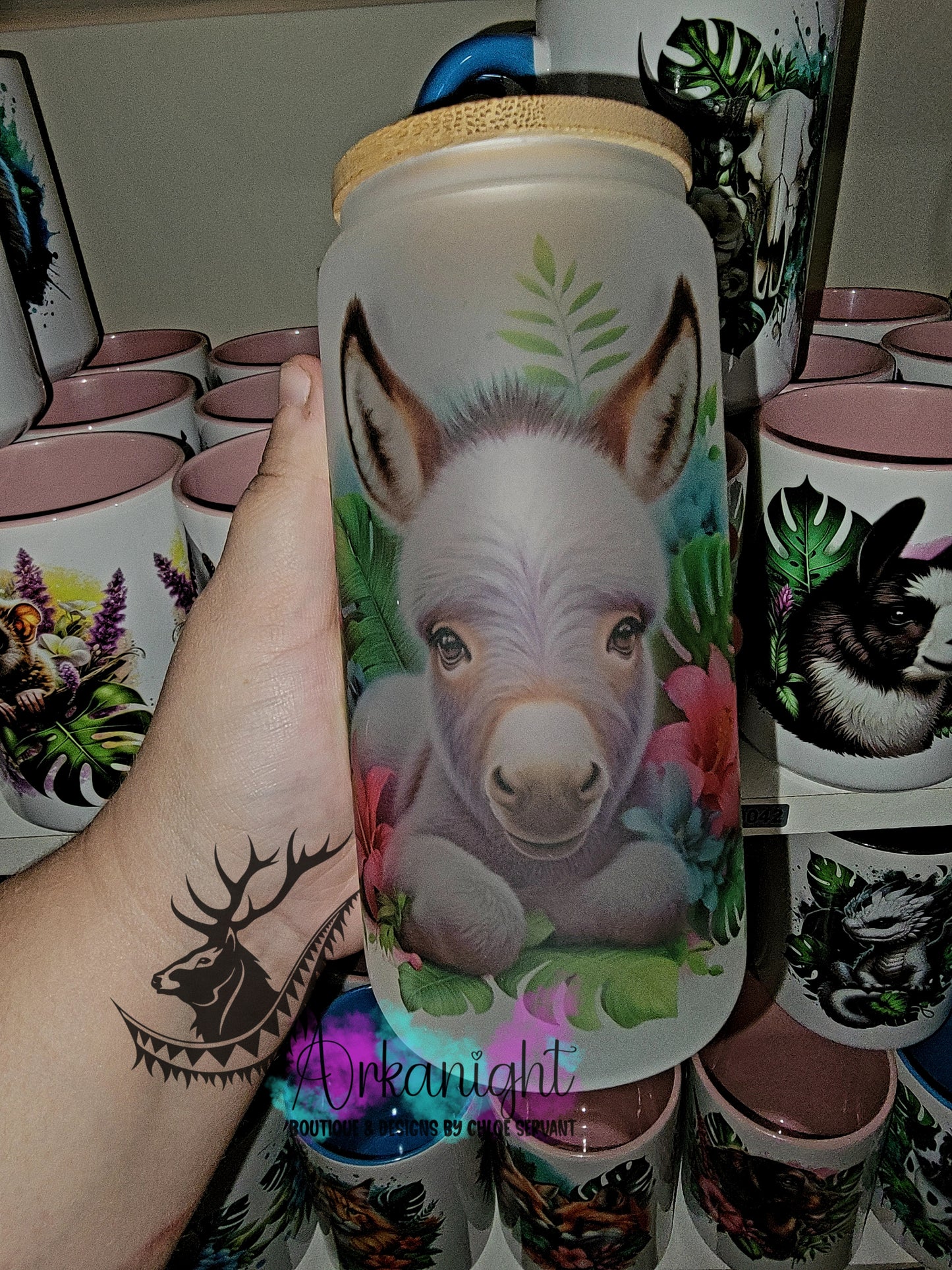 Verre en vitre givré 16oz & Couvercle en Bambou - Âne