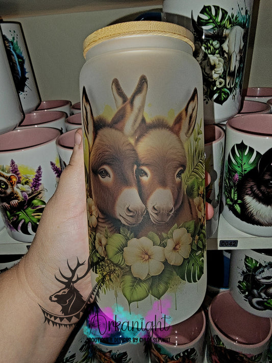 Verre en vitre givré 16oz & Couvercle en Bambou - Couple D'âne