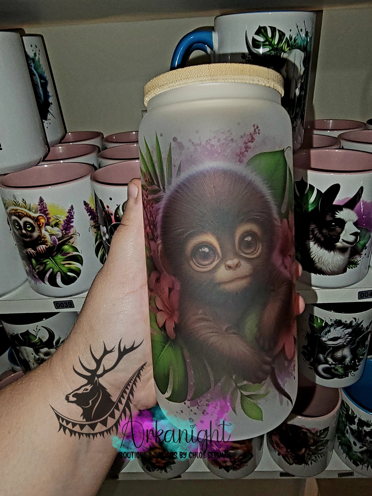 Verre en vitre givré 16oz & Couvercle en Bambou - Singe Araignées