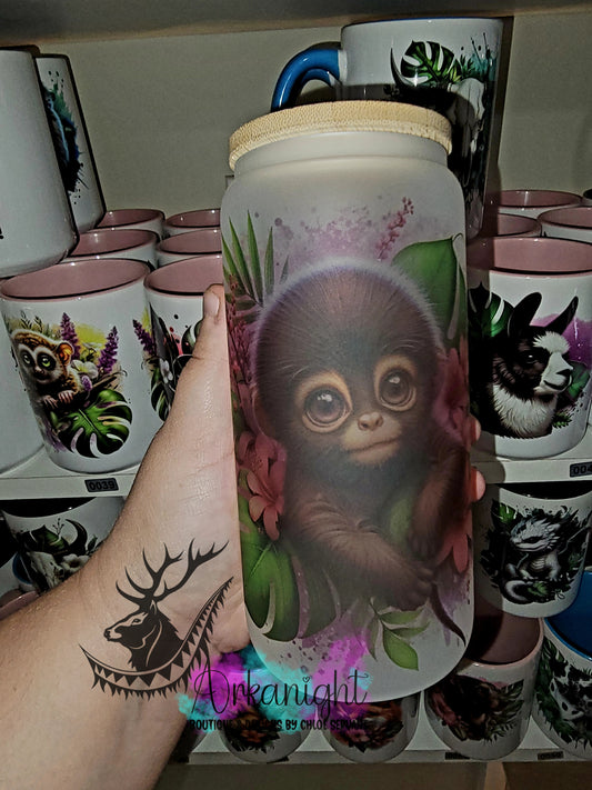 Verre en vitre givré 16oz & Couvercle en Bambou - Singe Araignées