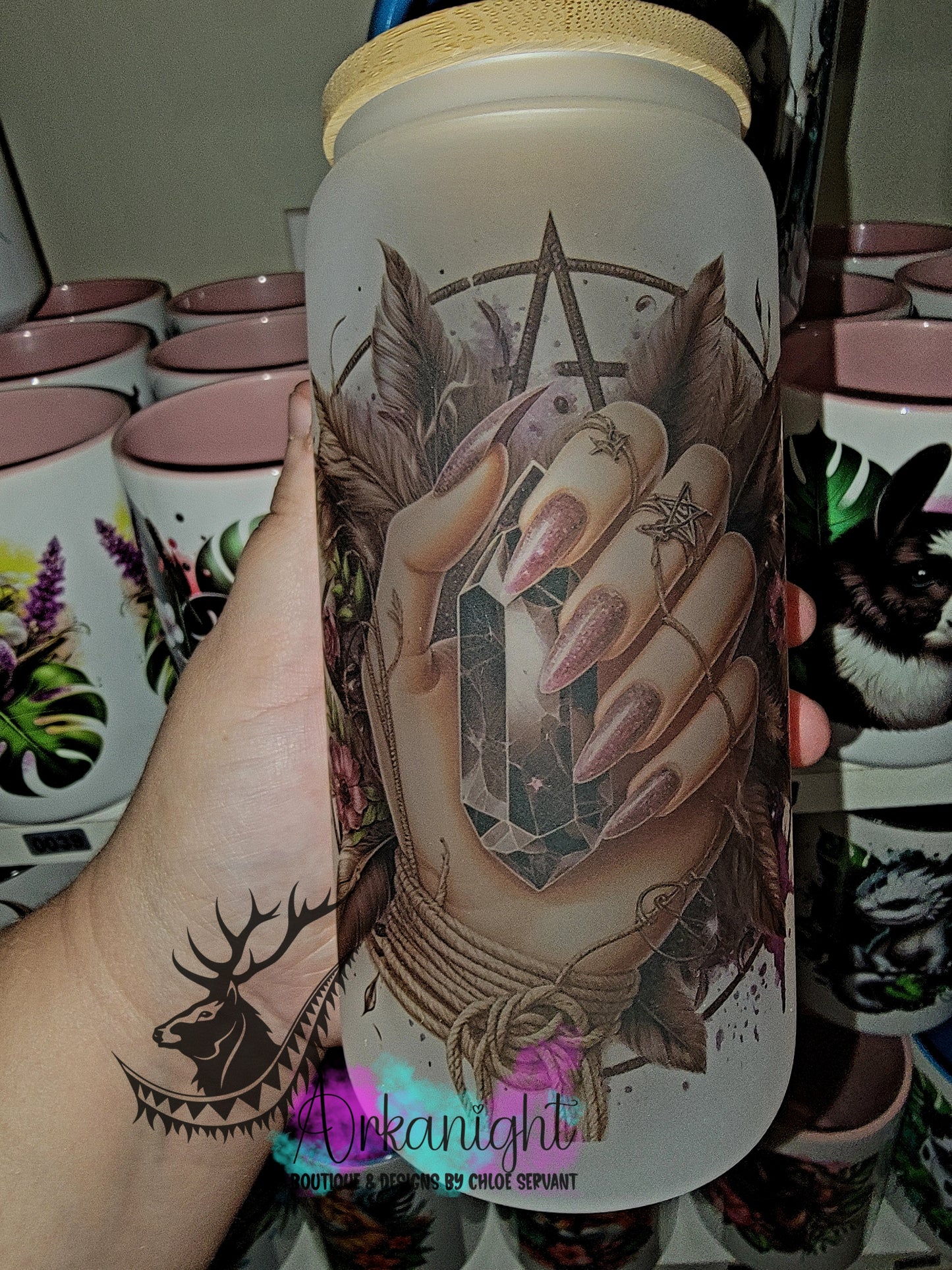 Verre en vitre givré 16oz & Couvercle en Bambou - Black Obsidian Crystal