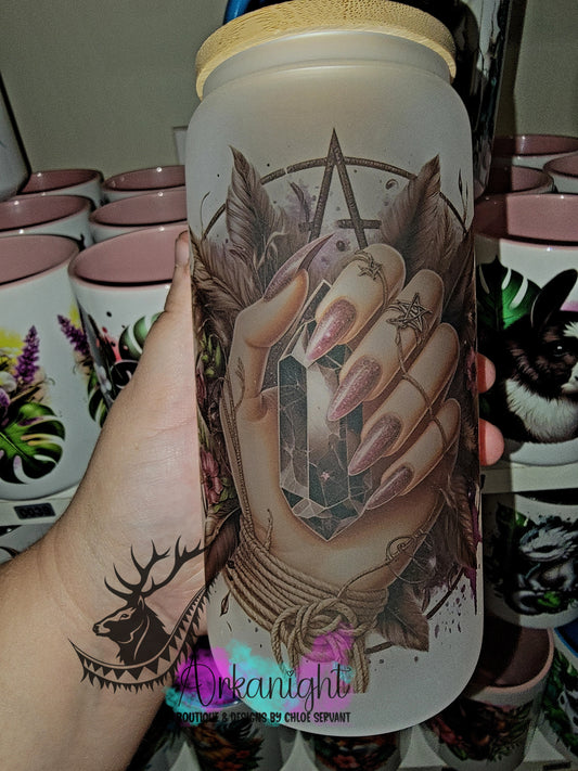 Verre en vitre givré 16oz & Couvercle en Bambou - Black Obsidian Crystal