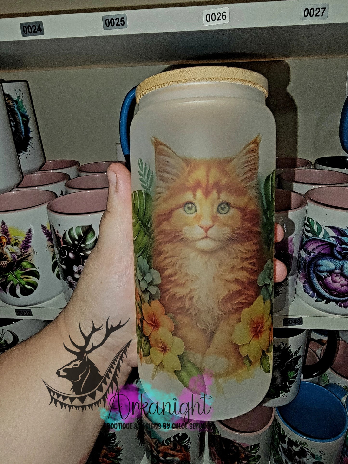 Verre en vitre givré 16oz & Couvercle en Bambou - Bébé Mainecoon Roux