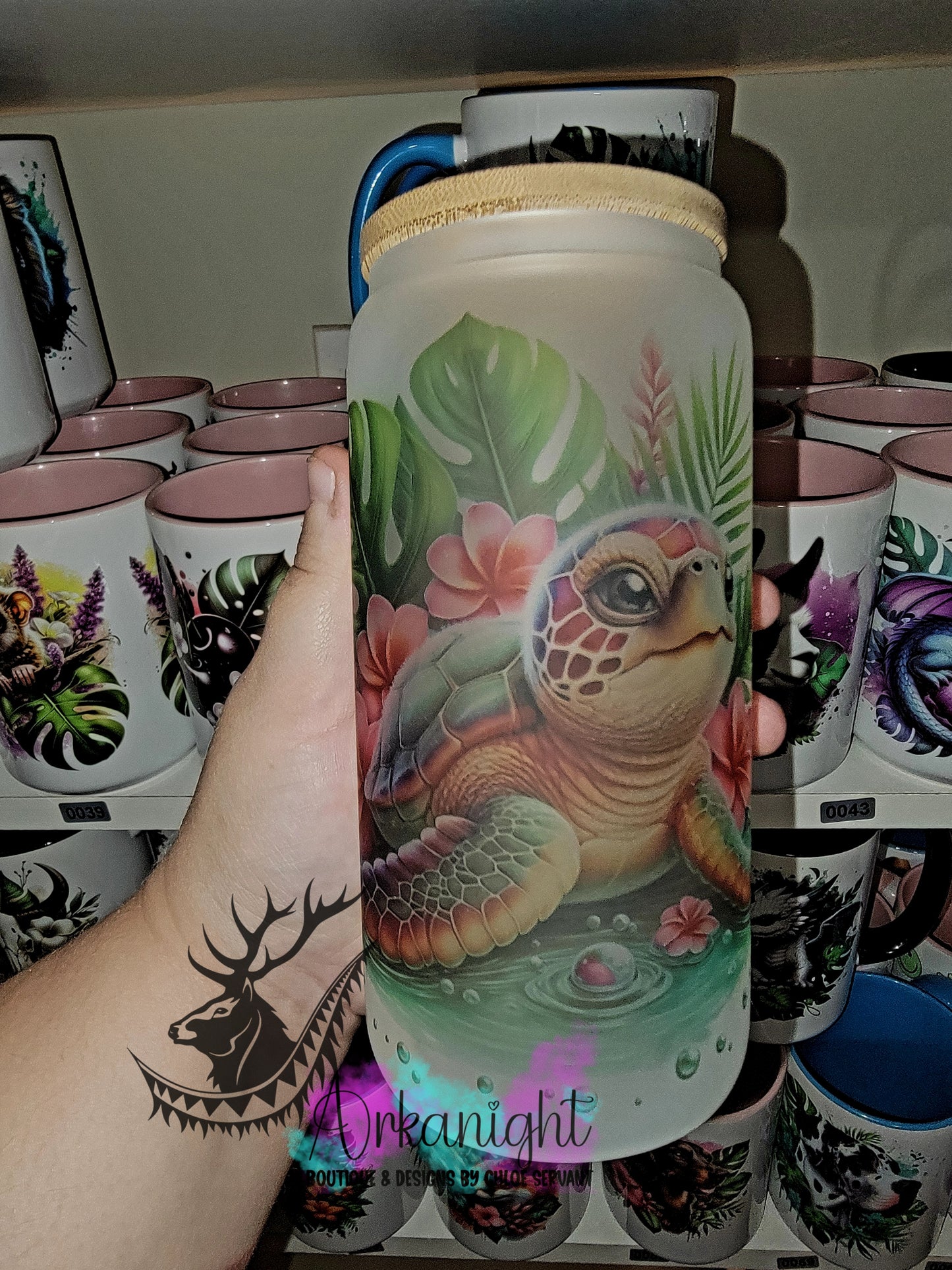 Verre en vitre givré 16oz & Couvercle en Bambou - Tortue de mer