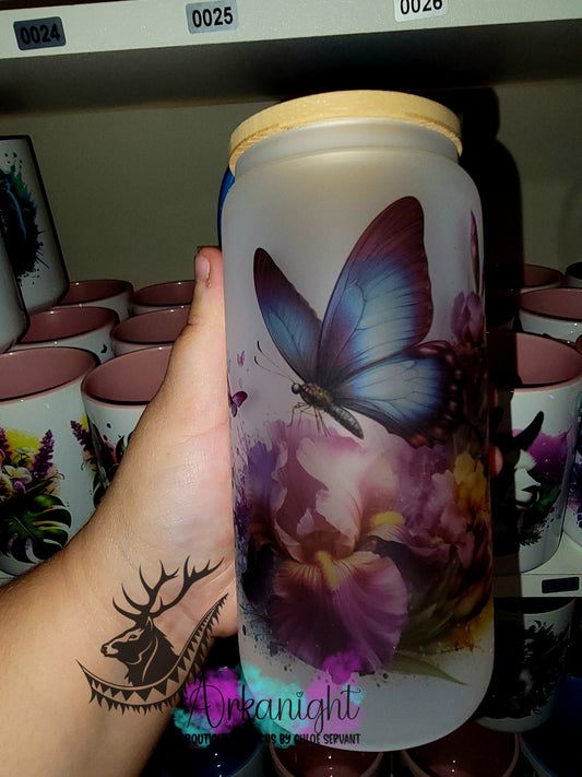 Verre en vitre givré 16oz & Couvercle en Bambou - Papillons & Iris