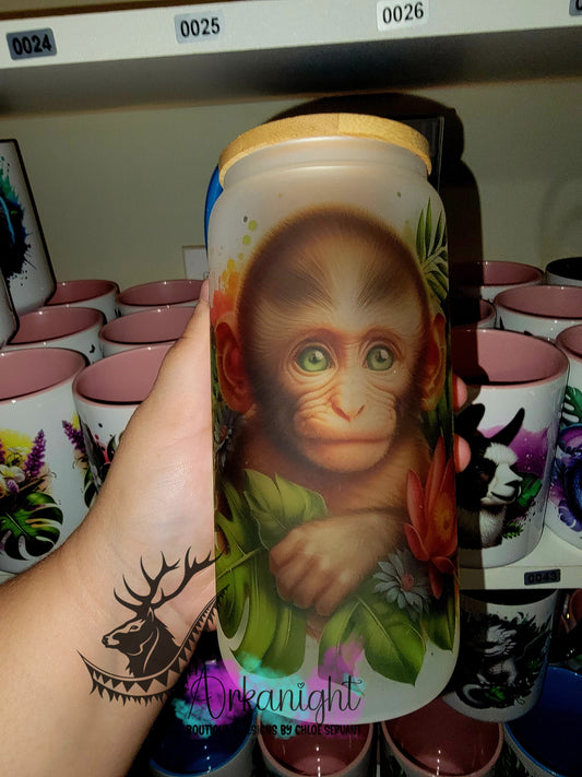 Verre en vitre givré 16oz & Couvercle en Bambou - Singe