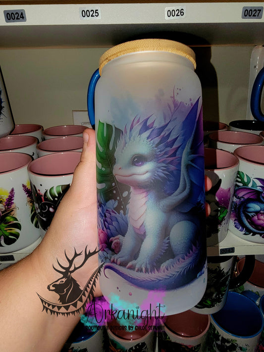 Verre en vitre givré 16oz & Couvercle en Bambou - Dragon Turquoise & Mauve