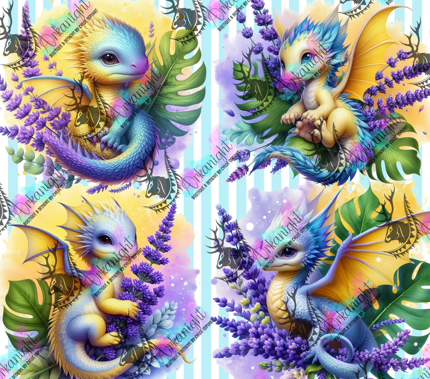 Numérique - Collection Monstera & Bébé Dragon - Bleu & Lilas & Jaune