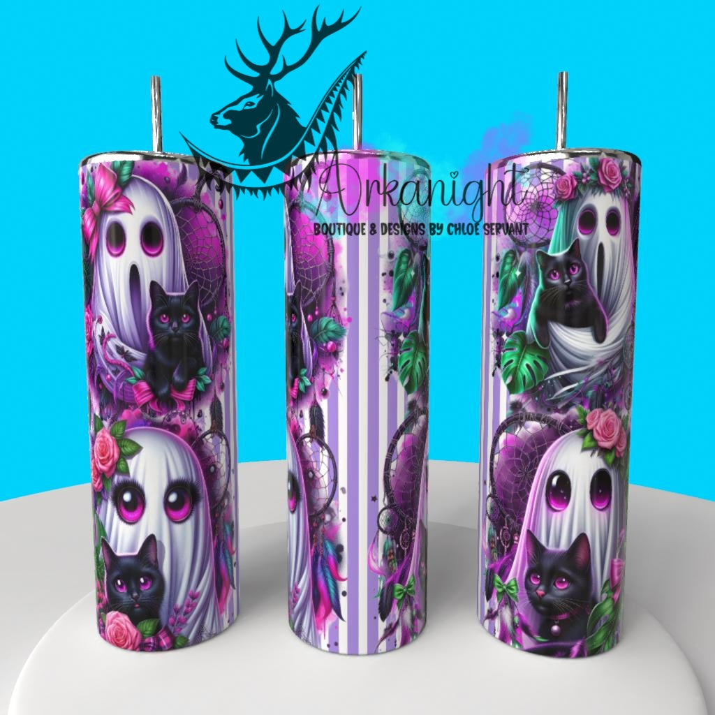 Gourde sur commande - Collection Monstera & Halloween 2025 - Cute Purple Ghost and Black Cat