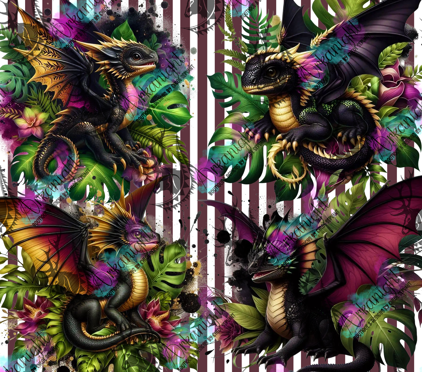 Numérique - Collection Monstera & Bébé Dragon- Noir, Or & Bourgogne
