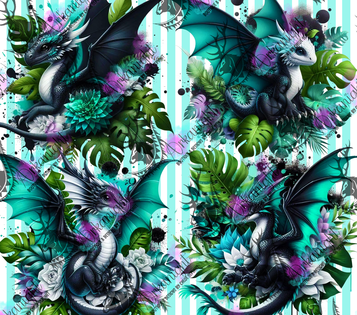 Numérique - Collection Monstera & Bébé Dragon- Noir, Blanc & Turquoise